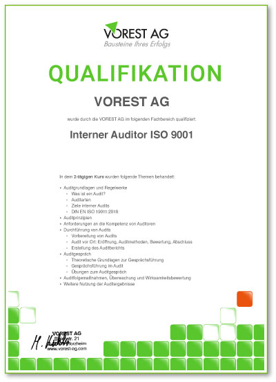 Qualifikationsbescheinigung einer Online Datenschutzunterweisung bei der VOREST AG auf Deutsch