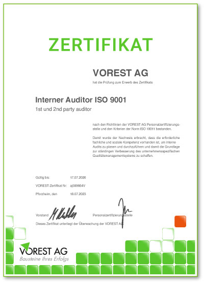 Zertifikat einer E-Learning Datenschutzunterwesiung mit abschließender Prüfung bei der VOREST AG auf Deutsch