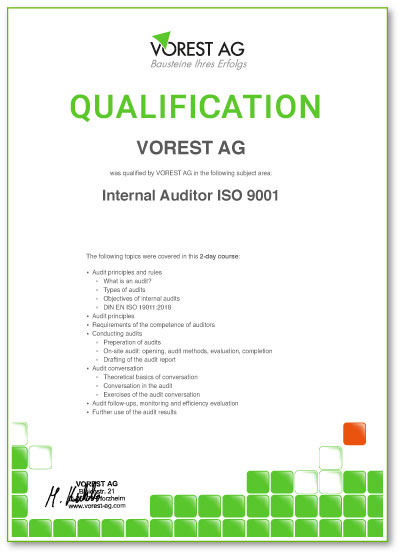 Qualifikationsbescheinigung einer ISO 27001 Schulung bei der VOREST AG auf Englisch